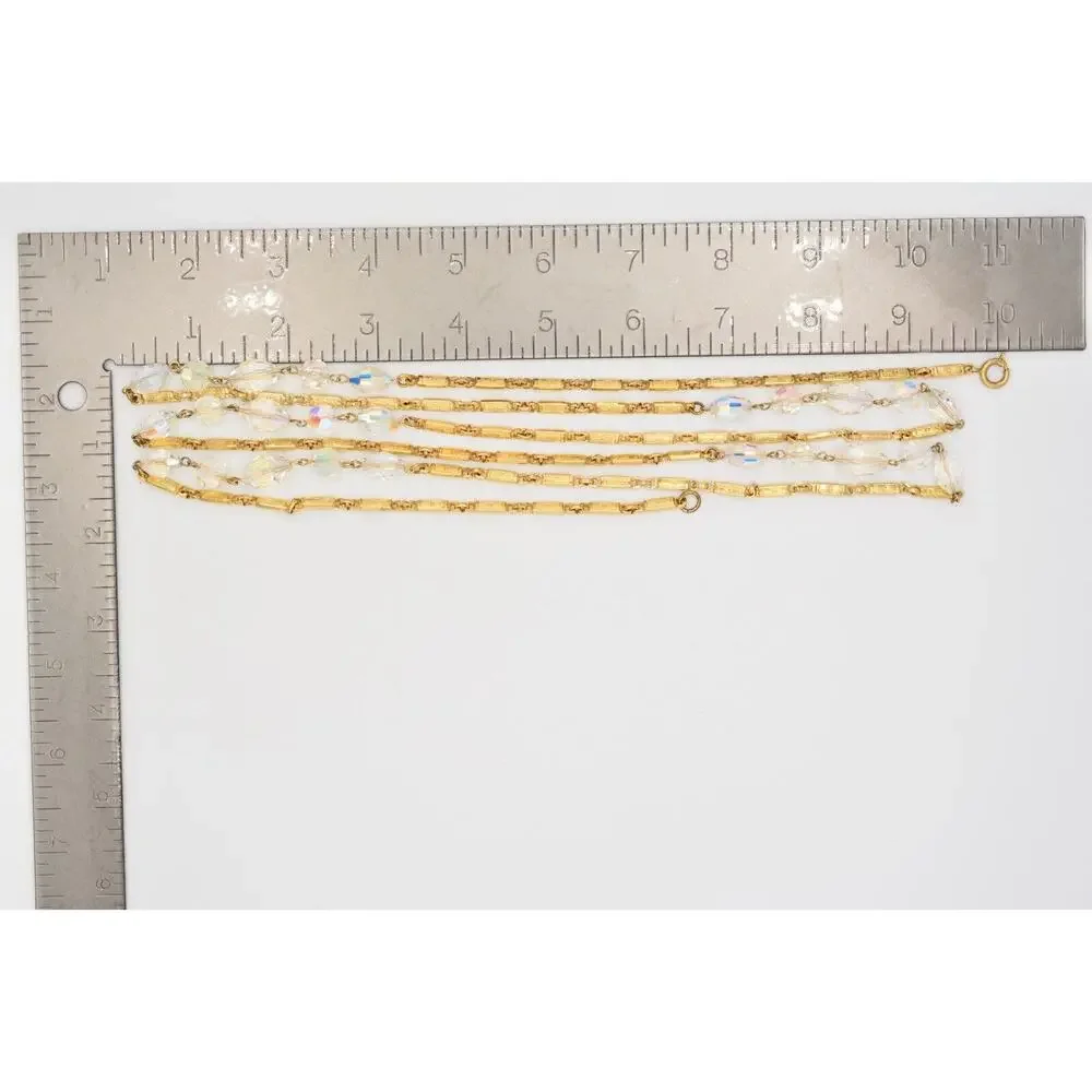 Vintage Crystal Necklace Gold Tone Chain Aurora Borealis Glass Long Sparkling 9J